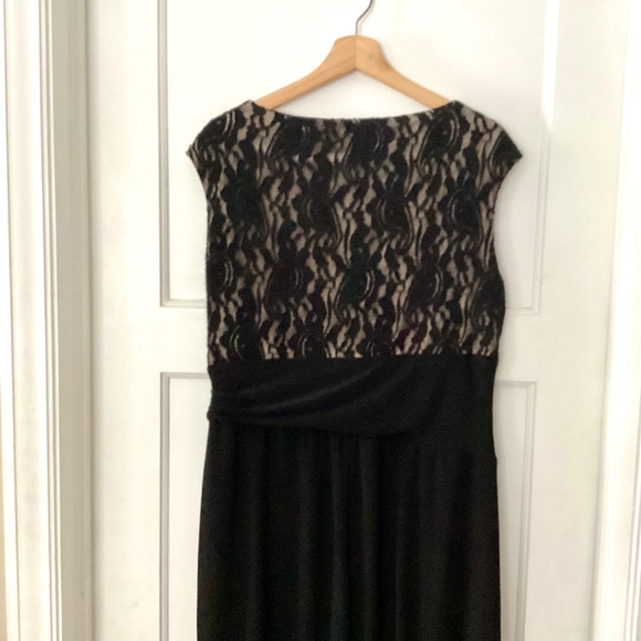 CHAPS Black party cocktail dress XL stretch sheath lace overlay Nude side Ruffle - Picture 10 of 12